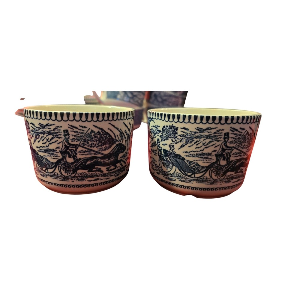 Royal China Currier and Ives Blue White Fashionable Turnouts Tea Cup Set of 2USA
